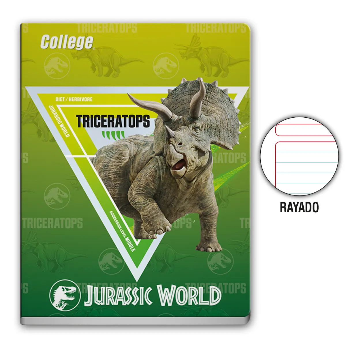 COLLEGE - Cuaderno Rayado College Jurassic World Deluxe 80 Hojas
