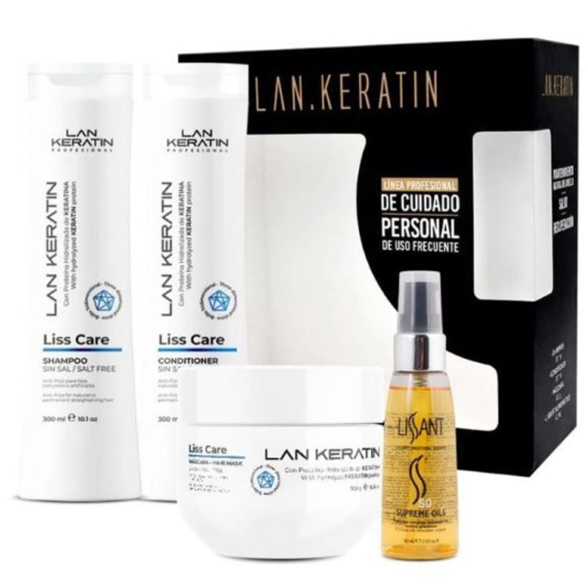 LAN KERATIN - Set Lanosterín Keratin Shampoo 300 mL + Acondicionador 300 mL + Mascarilla 300 mL + Óleo 60 mL