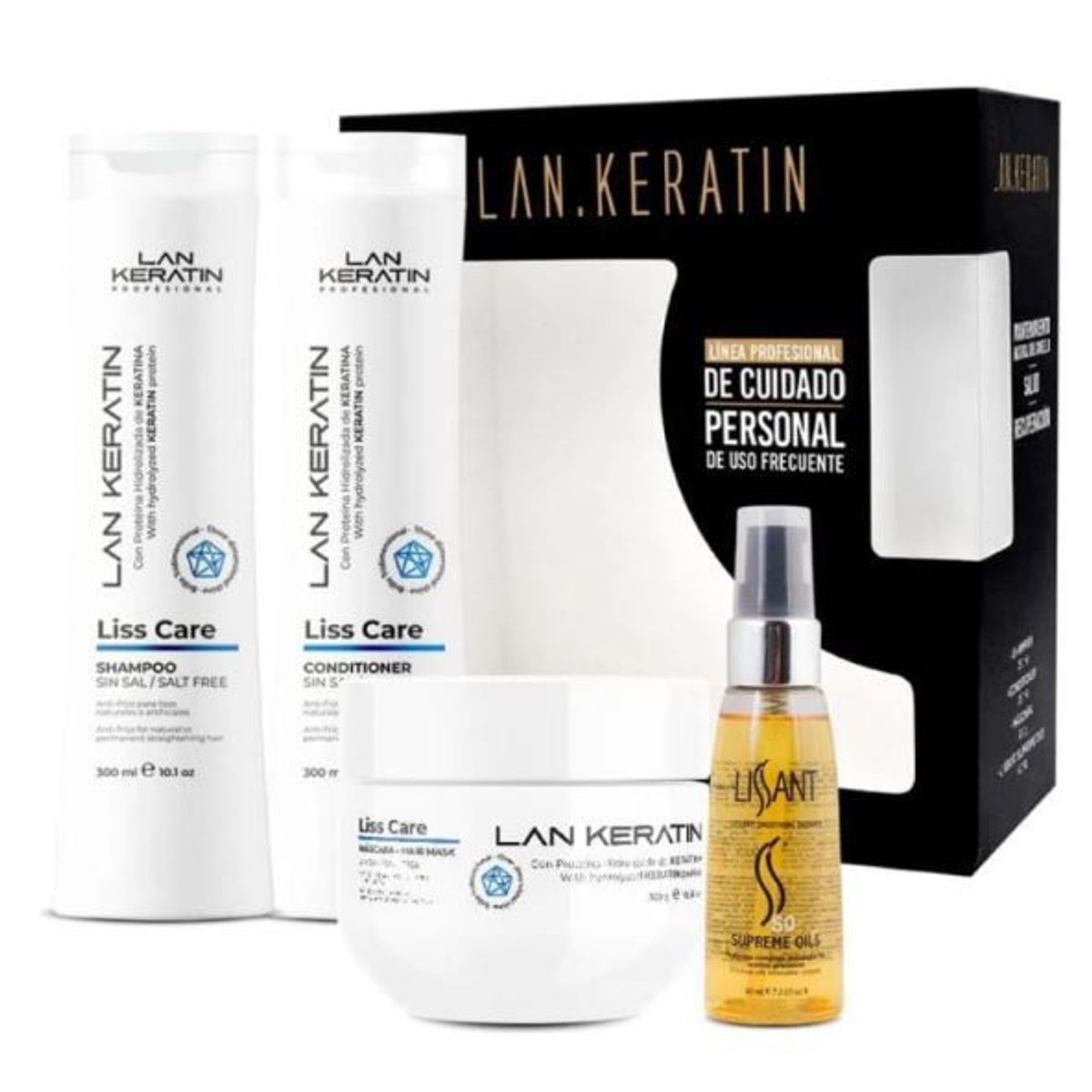 LAN KERATIN - Set Lanosterín Keratin Shampoo 300 mL + Acondicionador 300 mL + Mascarilla 300 mL + Óleo 60 mL