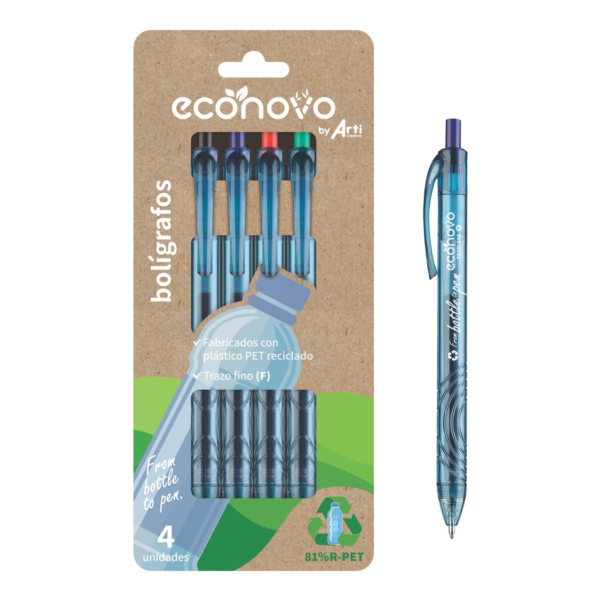ECONOVO - Lapicero Eco Novo Retráctil Azul Negro Rojo Verde Empaque 4 Und