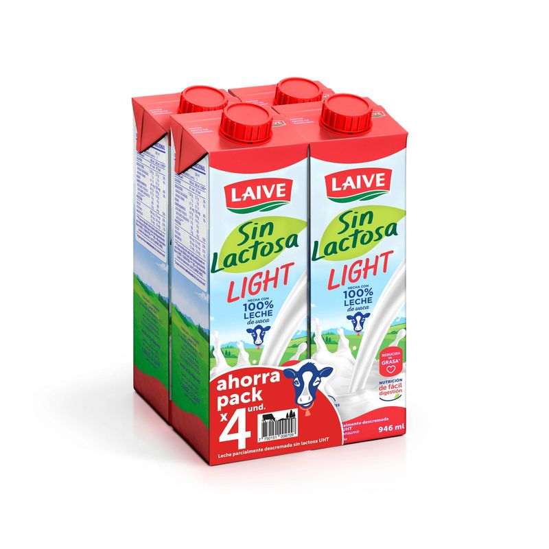 LAIVE - Leche Laive Light Sin Lactosa Pack 4 Cajas 946 mL