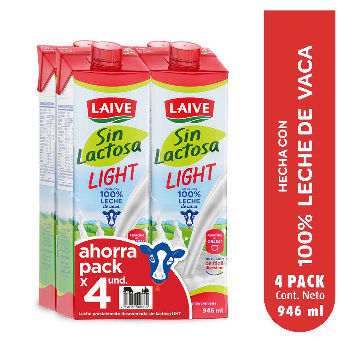 LAIVE - Leche Laive Light Sin Lactosa Pack 4 Cajas 946 mL