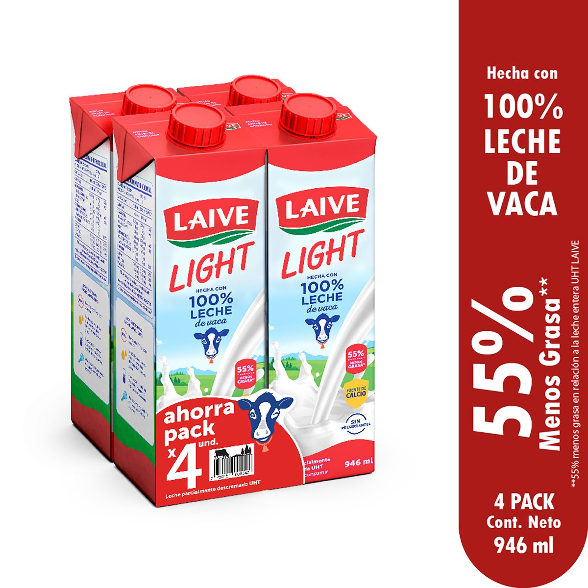 LAIVE - Leche Laive Light Pack 4 Cajas 946 mL
