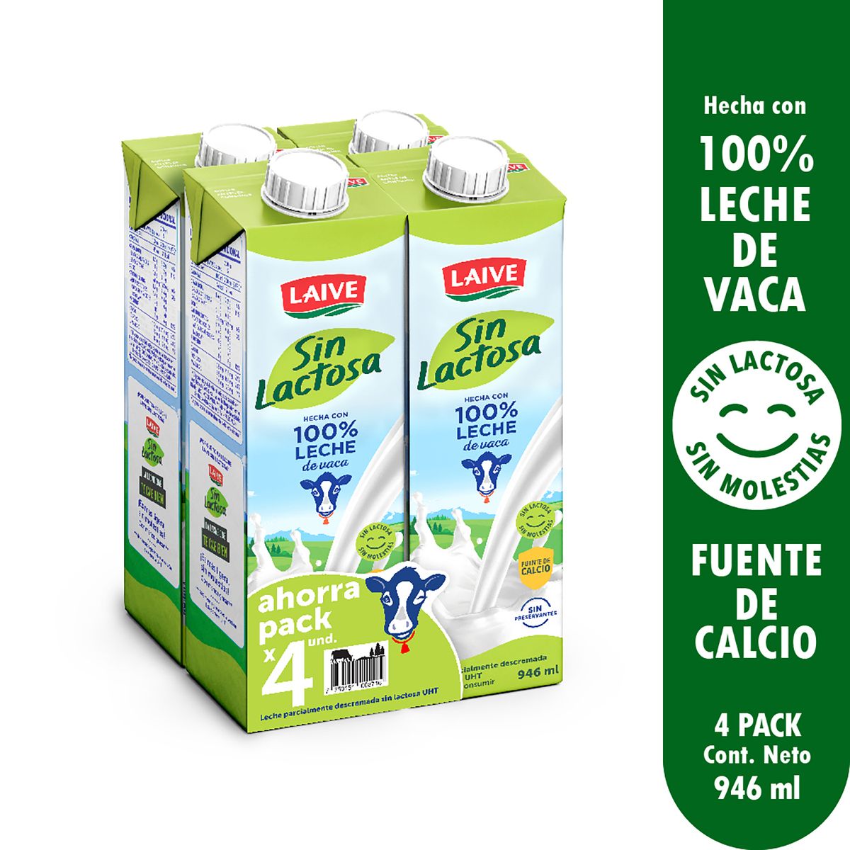LAIVE - Leche Laive Sin Lactosa Pack 4 Cajas 946 mL