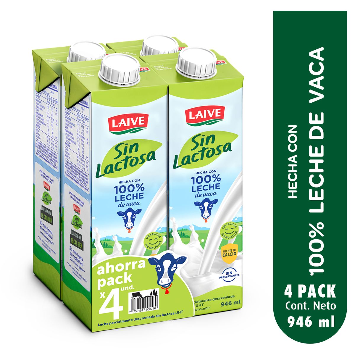 LAIVE - Leche Laive Sin Lactosa Pack 4 Cajas 946 mL