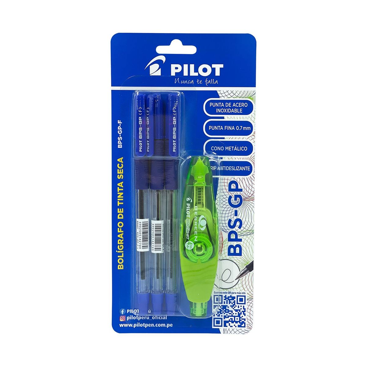 PILOT - Lapiceros Pilot BPS GP 4 Azules + Corrector En Cinta