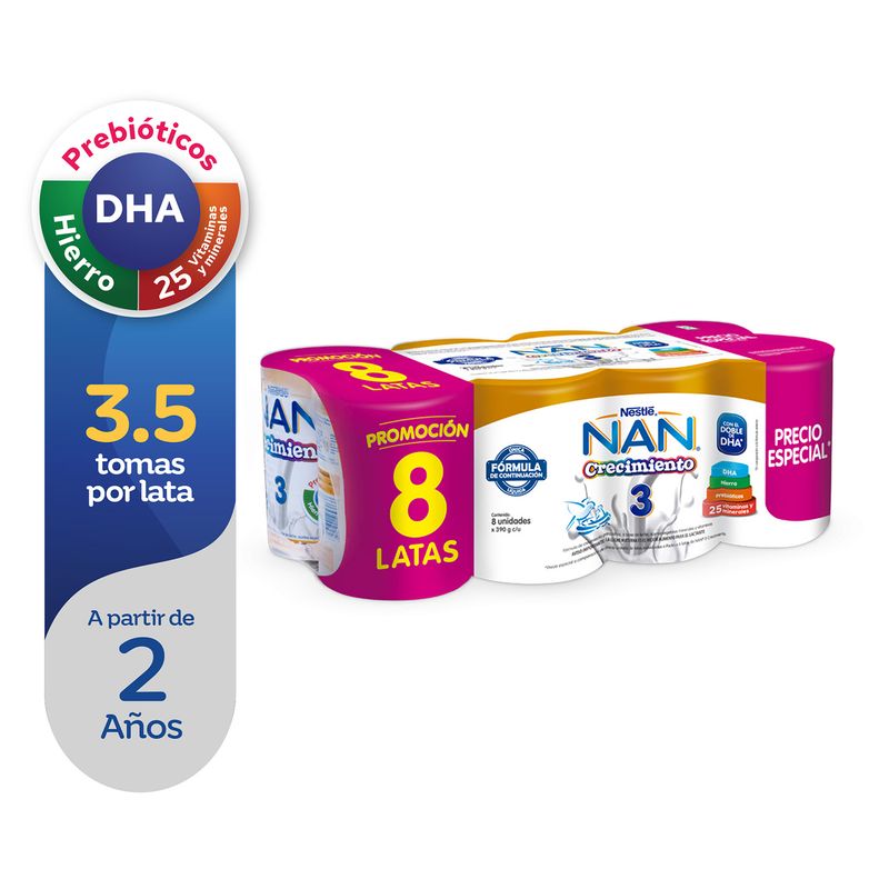 NAN - Pack Fórmula Láctea Nan 3 Crecmiento 8 Unidades x 390 g