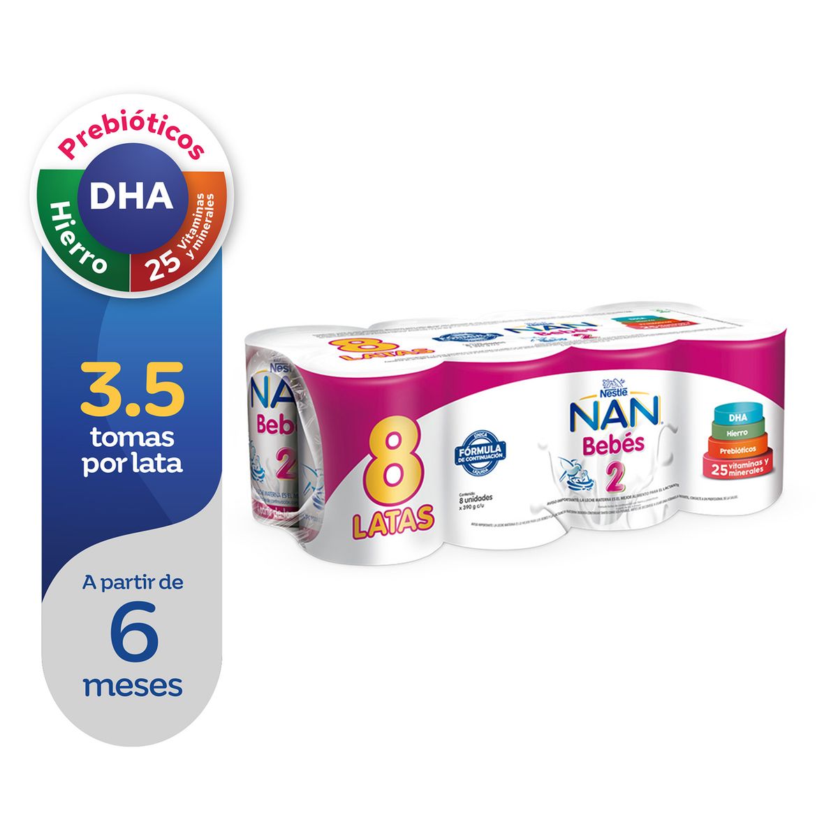 NAN - Fórmula Láctea Nan 2 Bebés Pack 8 Latas 390 g