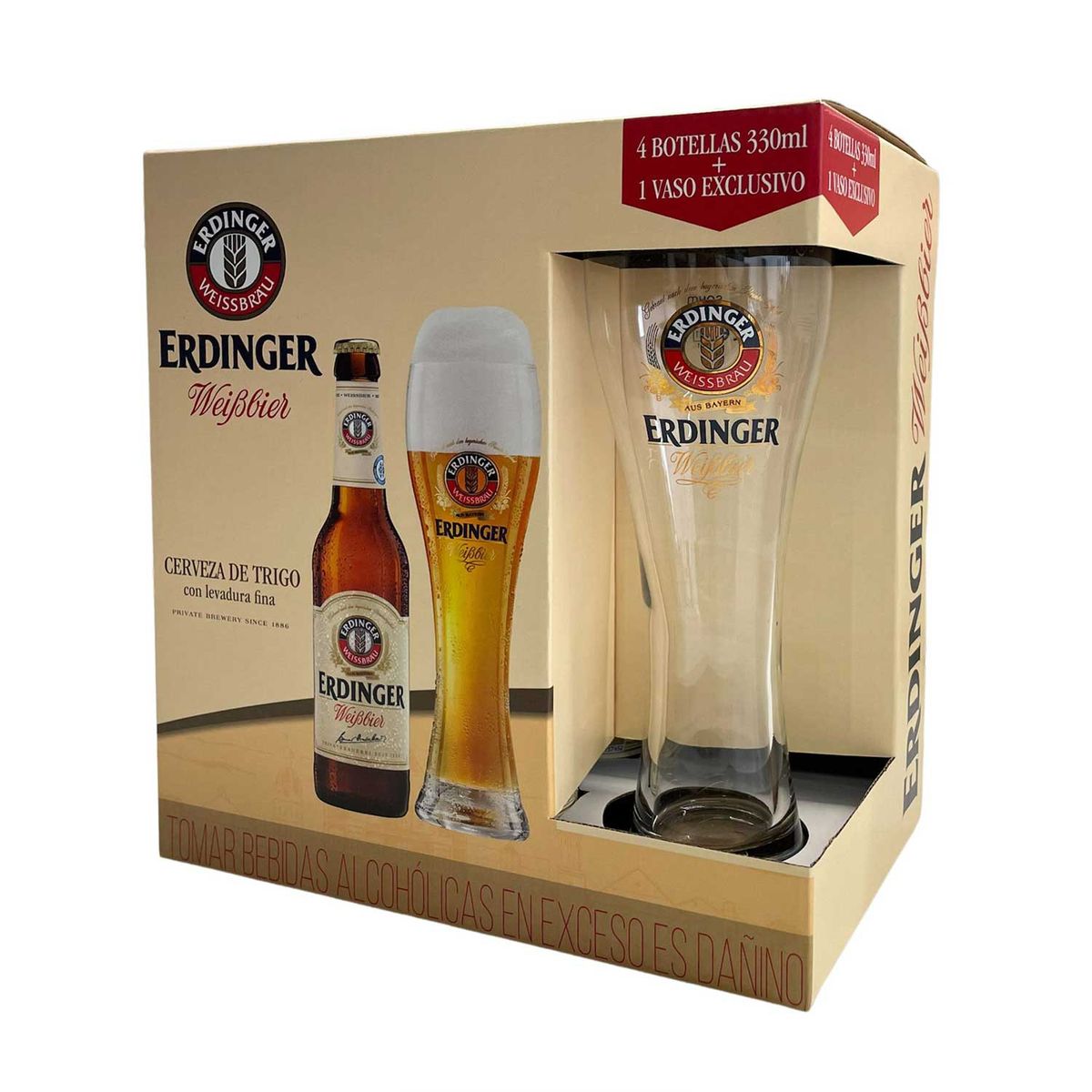ERDINGER - Cerveza Erdinger Weibbier Pack 4 Botellas 330 mL + Vaso