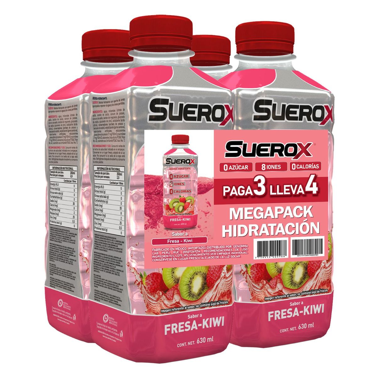 SUEROX - Bebida Rehidratante Suerox Fresa Kiwi Pack 4 Botellas 630 mL