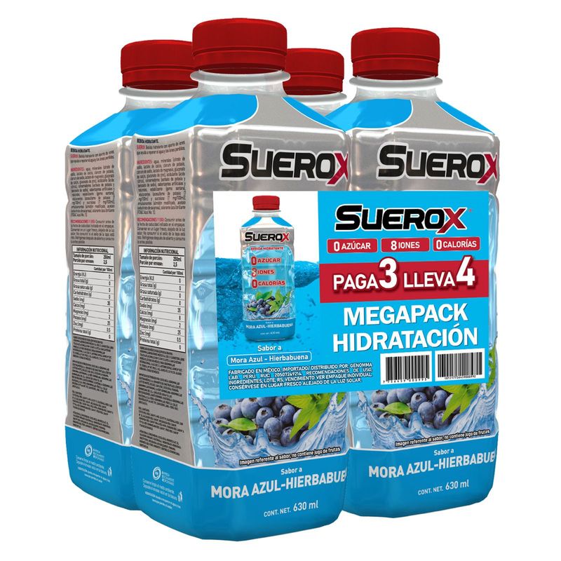 SUEROX - Rehidratante Suerox Mora Azul Pack 4 Botellas 630 mL