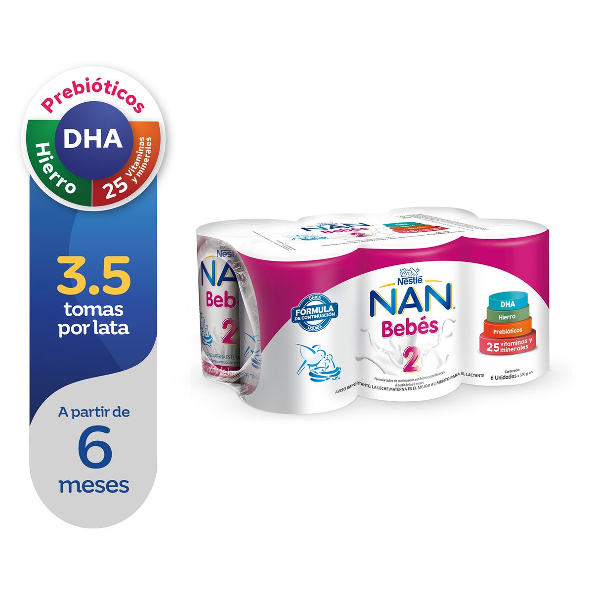 NAN - Fórmula Láctea Líquida Nan 2 Bebé Sixpack Lata 390 g