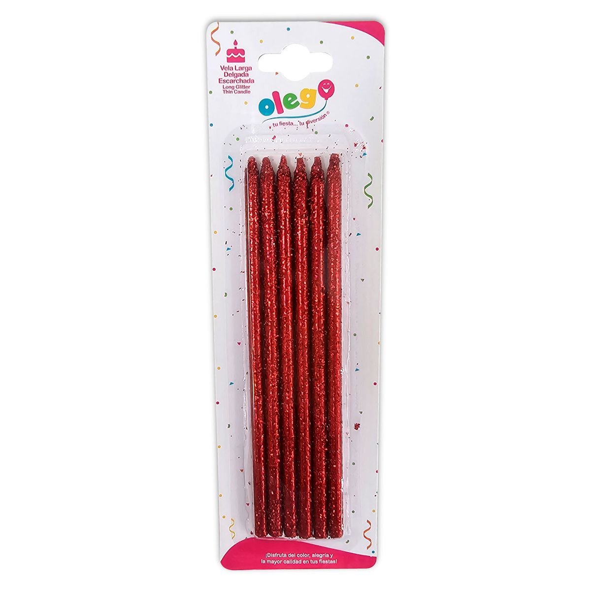 OLEGO - VELA LARGA DELGADA ESCARCHADA X6 UN ROJO