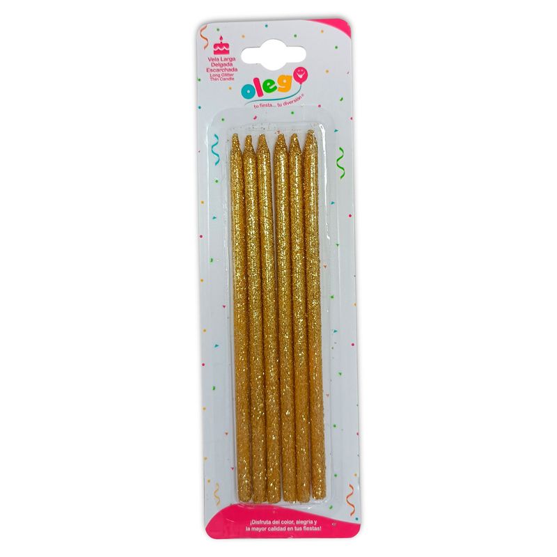 OLEGO - VELA LARGA DELGADA ESCARCHADA X6 UN ORO