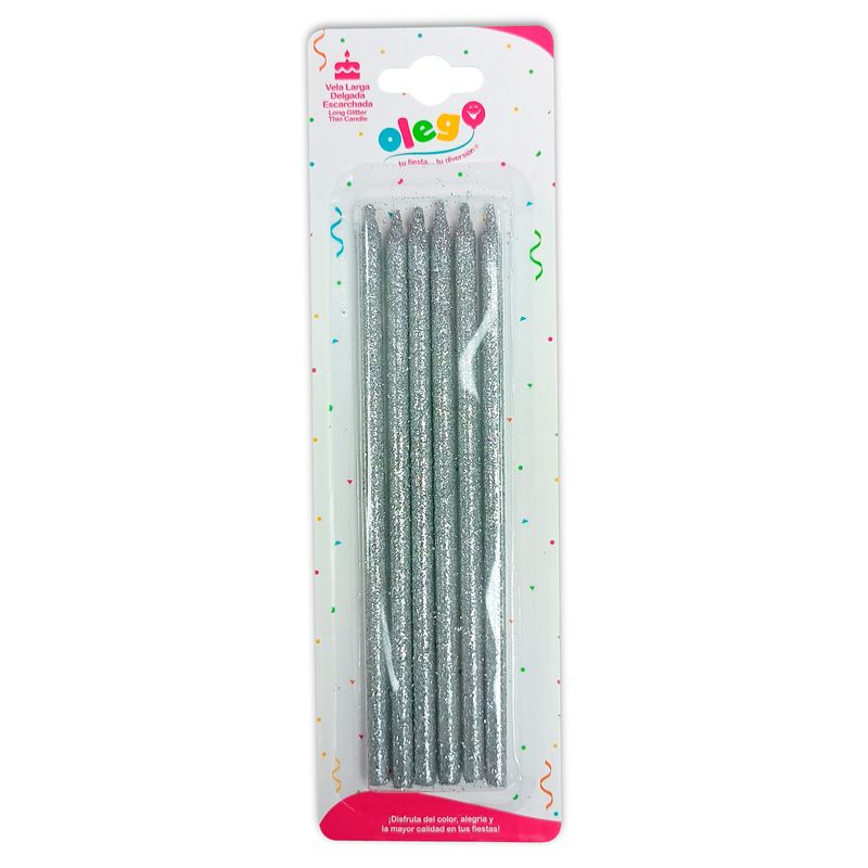 OLEGO - VELA LARGA DELGADA ESCARCHADA X6 UN PLATA