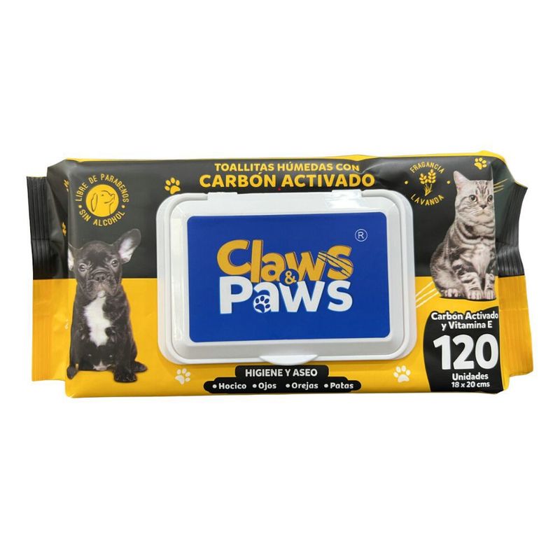 CLAWS PAWS - Toallitas Húmedas Claws Paws 120 Unidades Carbón Activado