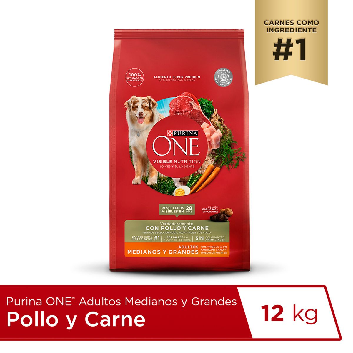PURINA ONE - Alimento Seco Perros Adultos Grandes Purina One Carne Bolsa 12 Kg