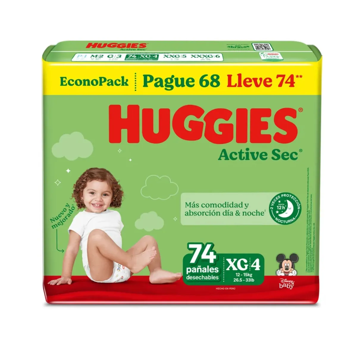 HUGGIES - Pañales Huggies Active Sec Talla XG Empaque 74 Und