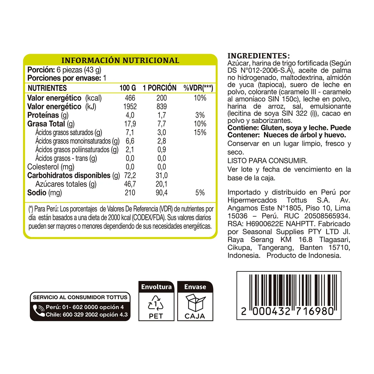 TOTTUS - Barquillo Wafer Roll Cookies & Cream Tottus x 43 g