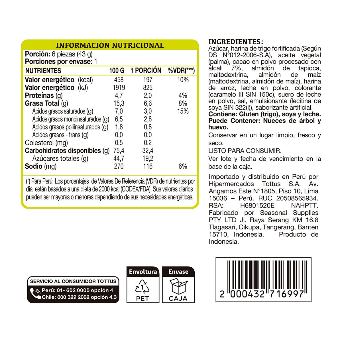 TOTTUS - Barquillo Wafer Chocolate Tottus Envase 43 g