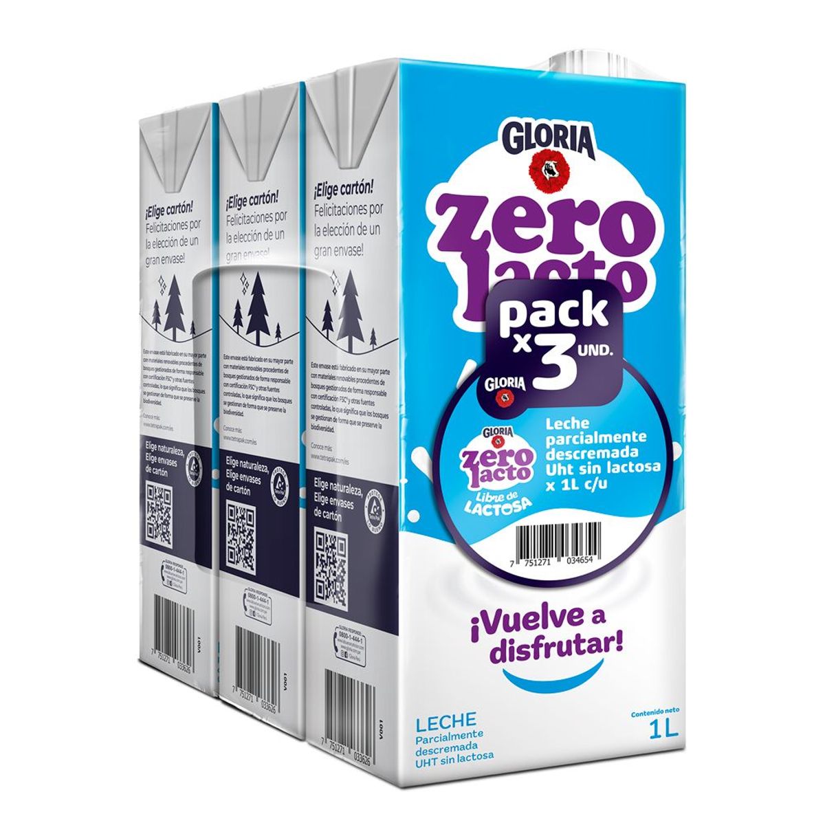 GLORIA - Leche UHT Gloria Zero Lacto Pack 3 Cajas 1 L