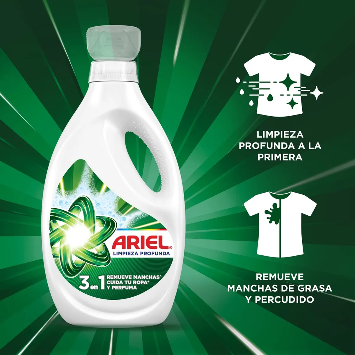ARIEL - Detergente Líquido Ariel Limpieza Profunda Jabón 3 en 1 Botella 3.7 L