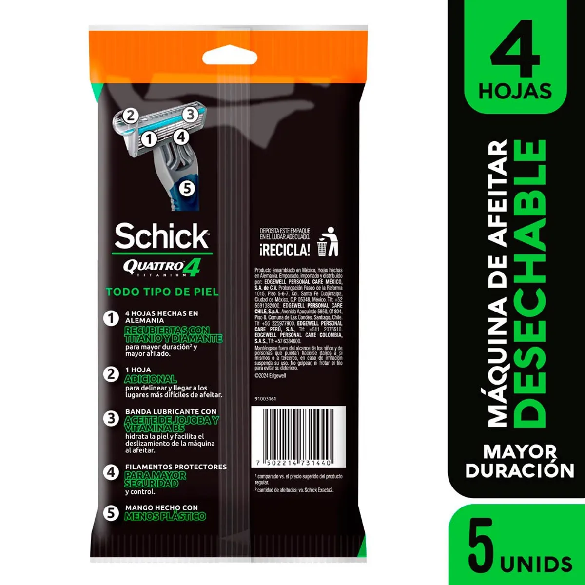 SCHICK - Máquina de Afeitar Schick Quattro Titanium Pack 5 Und