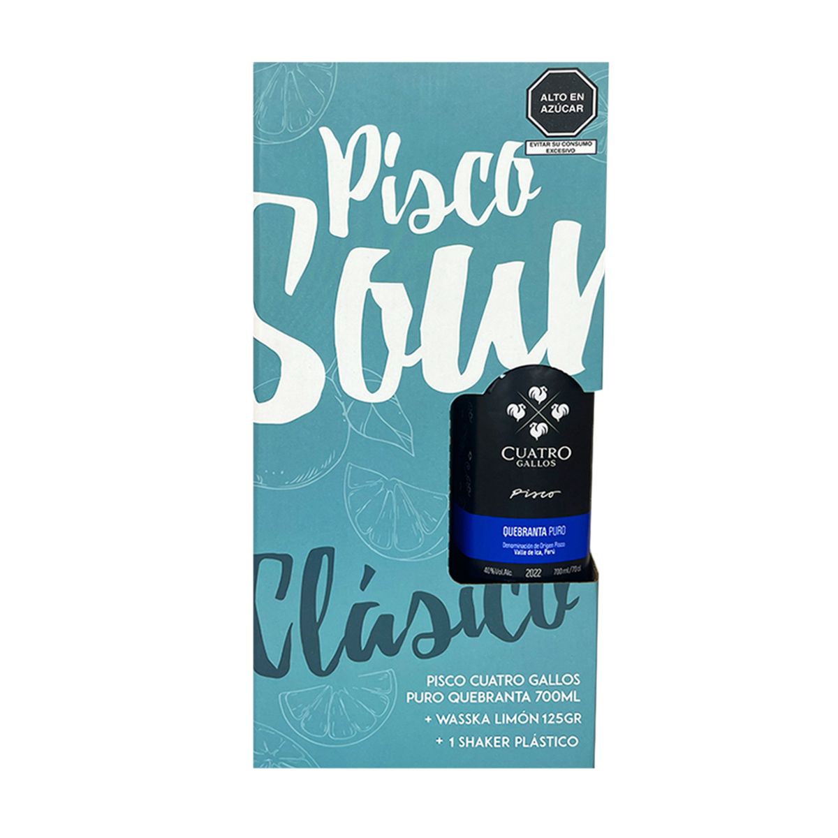 CUATRO GALLOS - Pisco Cuatro Gallos Quebranta 700 mL + Waskka Limón + Shaker