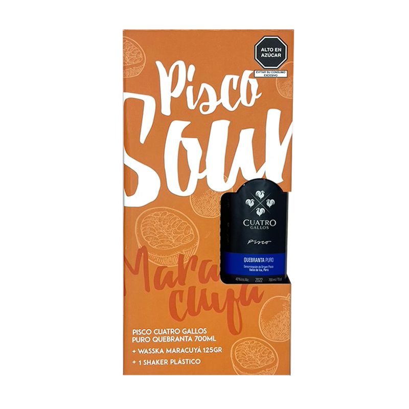 CUATRO GALLOS - Pisco Cuatro Gallos Quebranta Puro + Waskka Maracuyá 125 g + Shacker Botella 700 mL