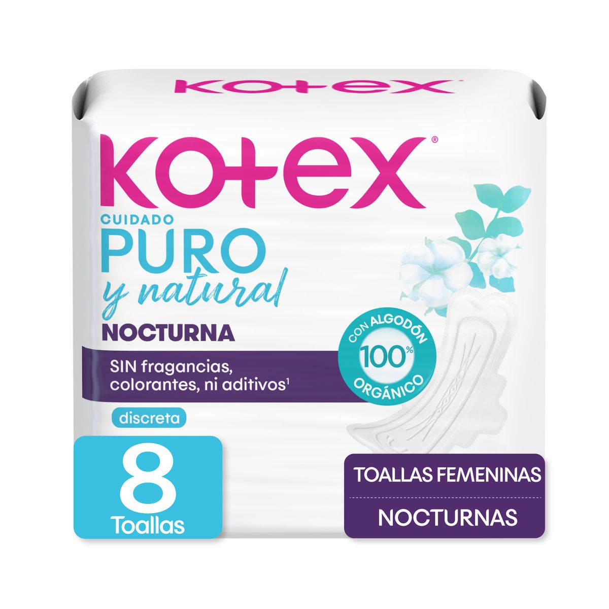 KOTEX - Toallas Higiénicas Kotex Puro Natural Nocturna Empaque 8 Und