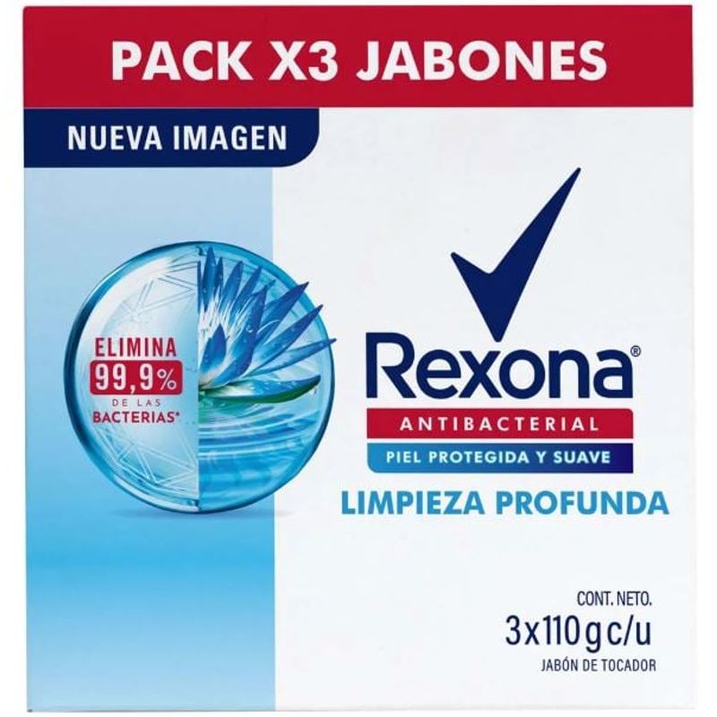 REXONA - Jabón Rexona Antibacterial Limpieza Profunda Pack 3 Empaques 110 g