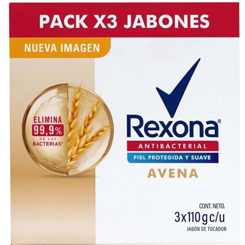REXONA - Jabón Tocador Rexona Antibacterial Avena Pack 3 Empaques 110 g