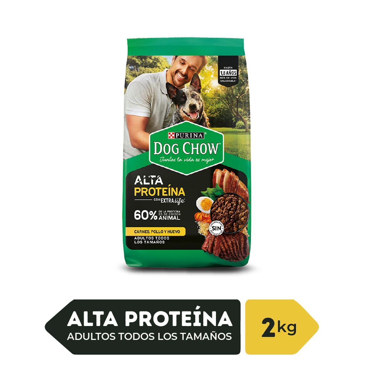 DOG CHOW - Alimento Seco Perros Adultos Dog Chow Alta Proteína Carne Huevo Bolsa 2 Kg