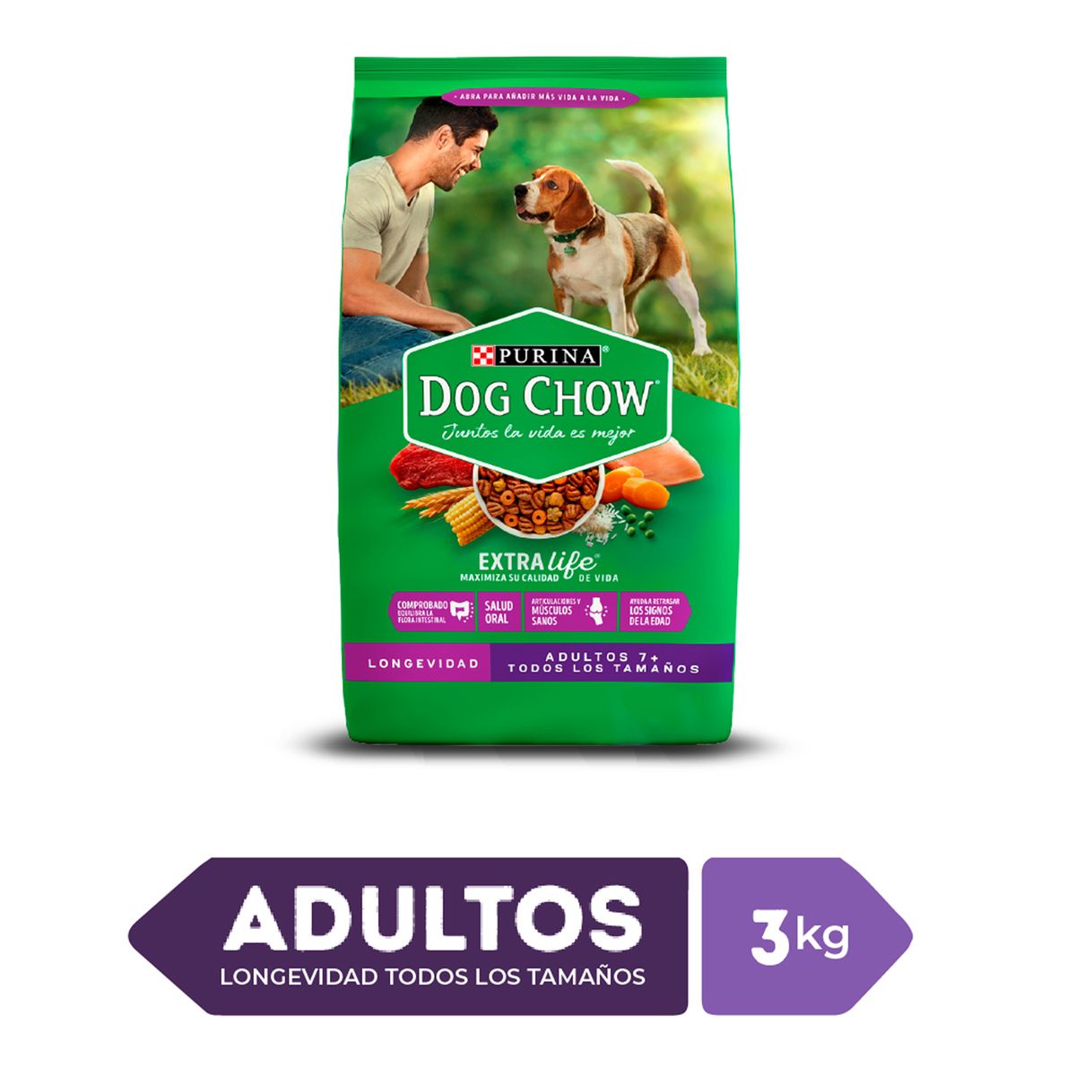 DOG CHOW - Alimento Seco Perros Adultos Dog Chow Life Longevidad Carne y Pollo Bolsa 3 Kg