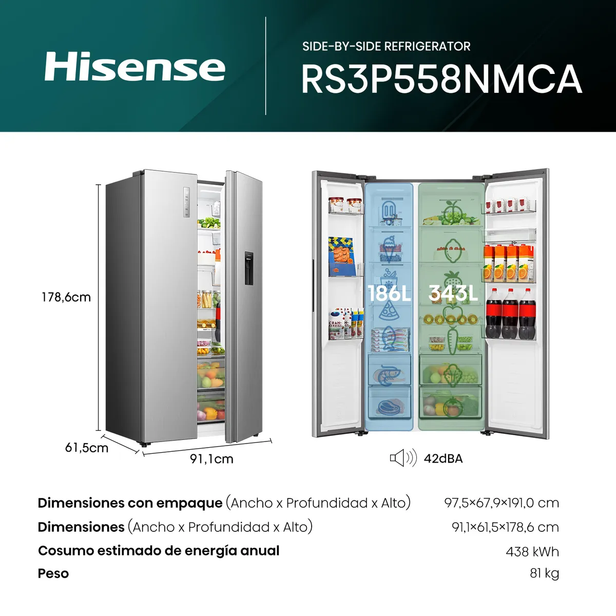 HISENSE - Refrigeradora Side By Side 558L Gris