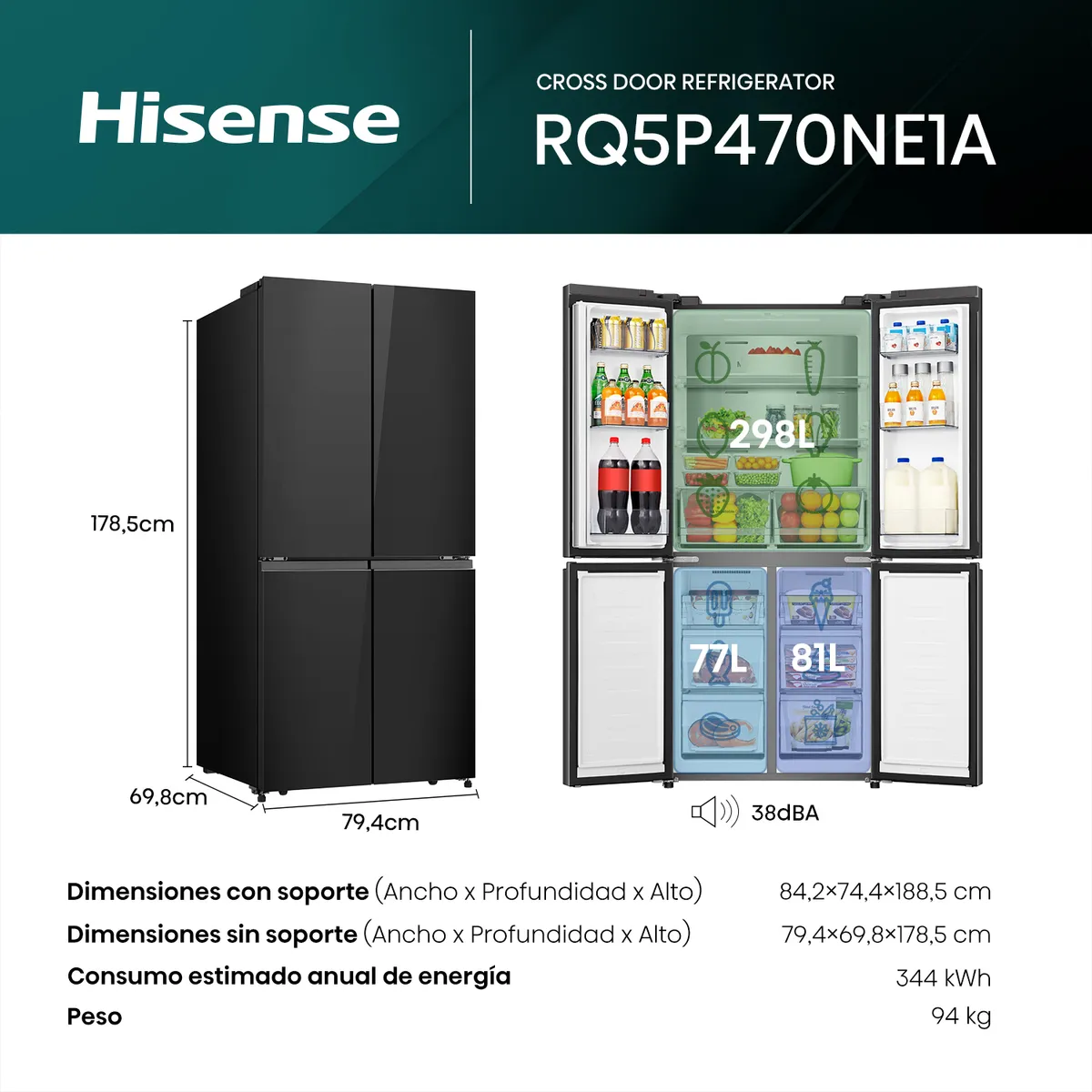 HISENSE - Refrigeradora Hisense RQ5P470NE1A French Door 456L Negra