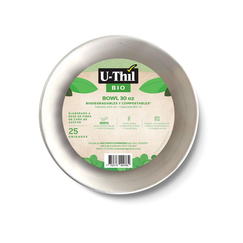 UTHIL - Bowls Uthil 30 Oz Biodegradables Compostables Empaque 25 Und