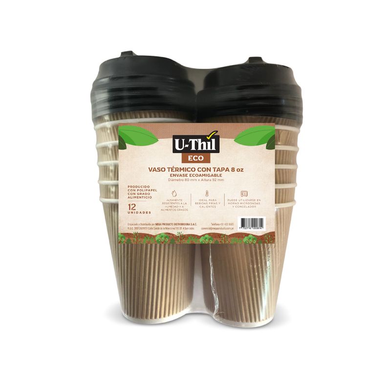 UTHIL - Vaso Térmico Tapa Uthil 8 Oz Ecoamigable Empaque 12 Und
