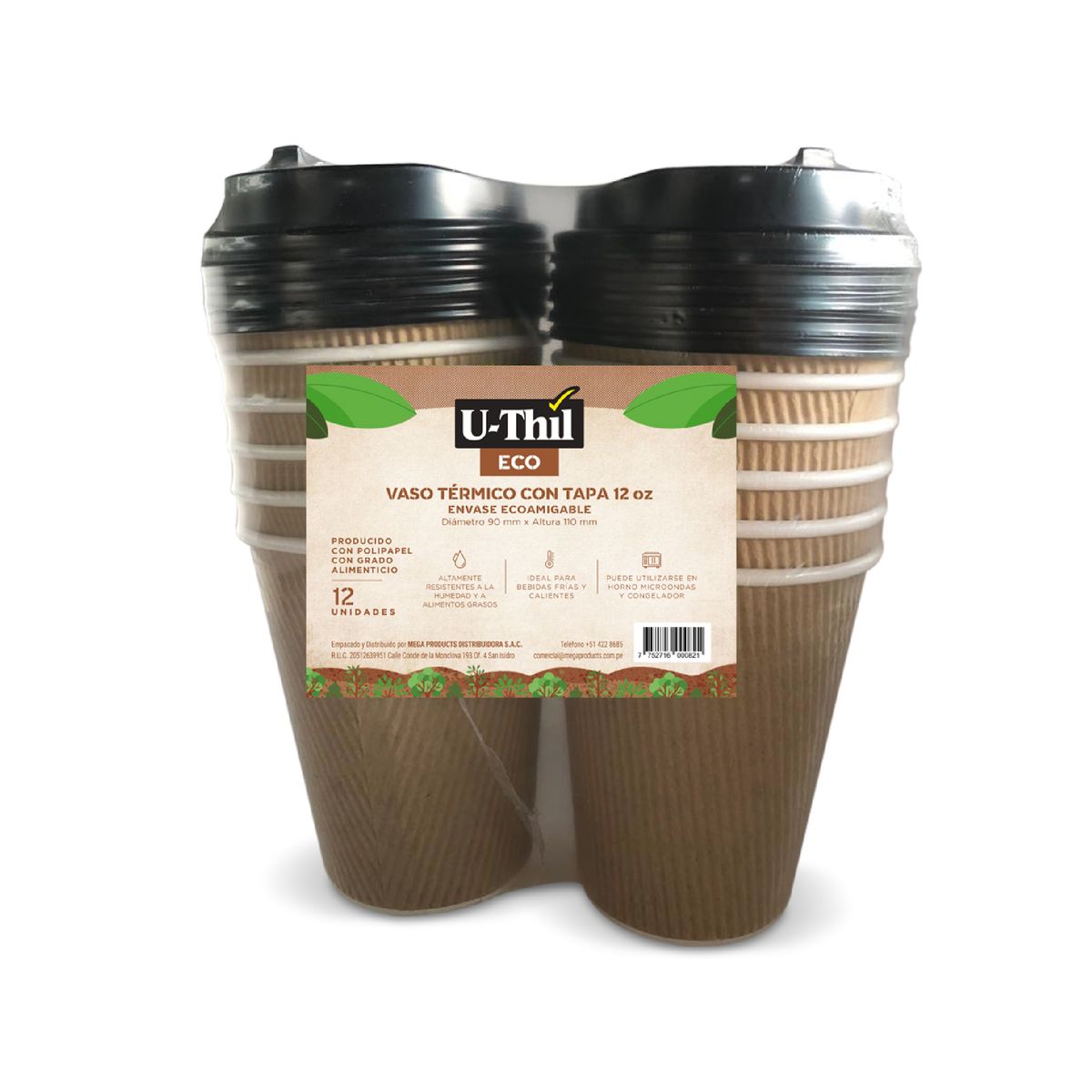 UTHIL - Vaso Térmico Tapa Uthil 12 Oz Ecoamigable Empaque 12 Und