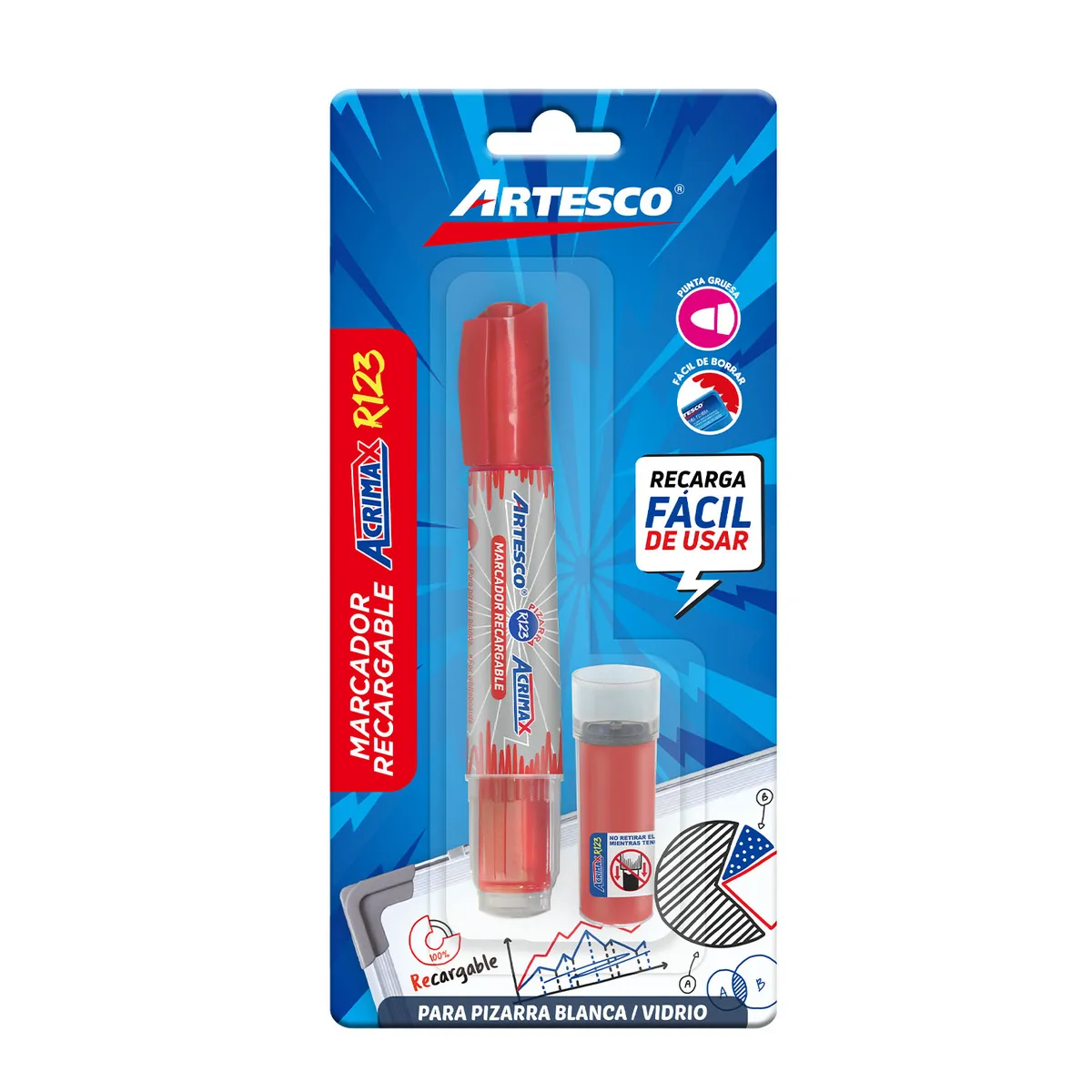 ARTESCO - Plumón Para Pizarra Artesco Recargable Rojo Acrimax R123 + Cartucho Repuesto