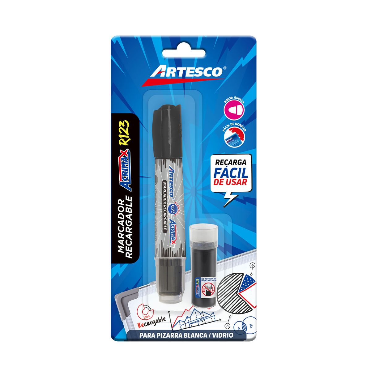 ARTESCO - Plumón Para Pizarra Artesco Recargable Negro Acrimax R123 + Cartucho Repuesto
