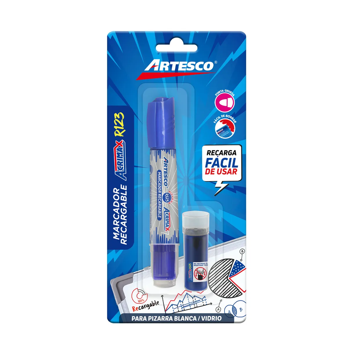 ARTESCO - Plumón Para Pizarra Artesco Recargable Azul Acrimax R123 + Cartucho Repuesto