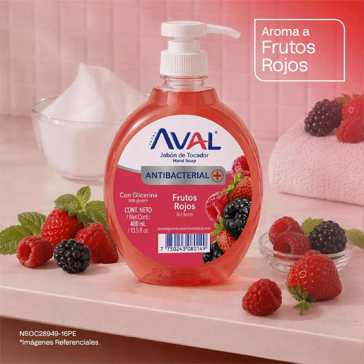 AVAL - Jabón Líquido Antibacterial Aval Frutos Rojos Envase 400 mL