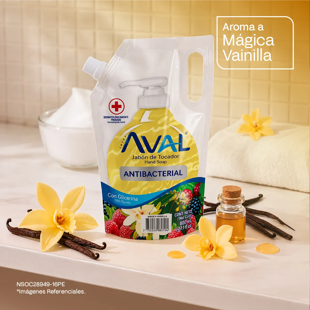 AVAL - Jabón Líquido Antibacterial Aval Mágica Vainilla Doypack 800 mL