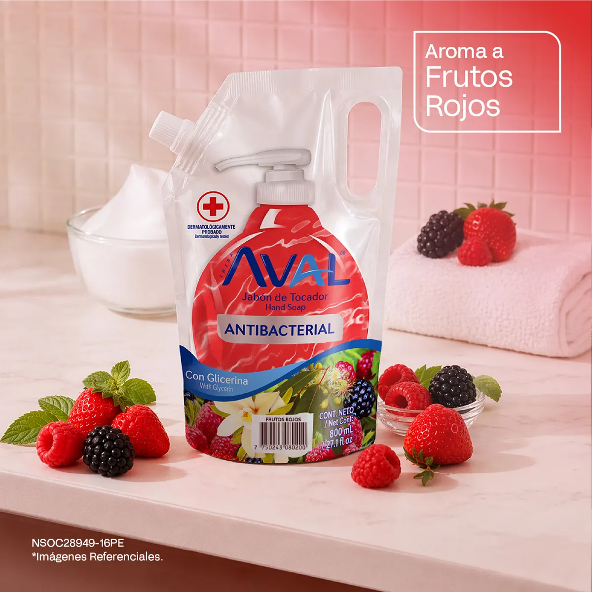 AVAL - Jabón Líquido Antibacterial Aval Frutos Rojos Doypack 800 mL