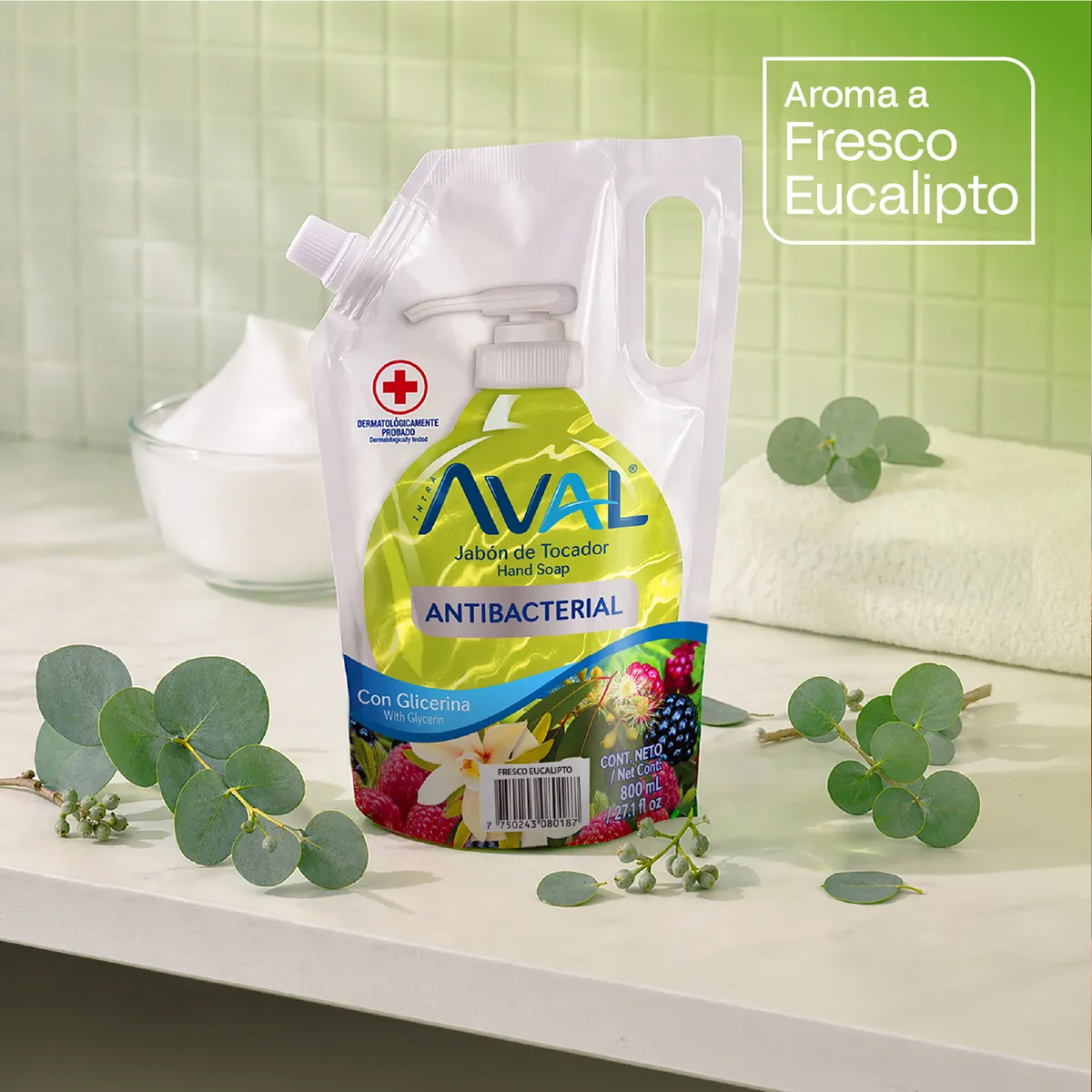 AVAL - Jabón Líquido Antibacterial Aval Fresco Eucalipto Doypack 800 mL