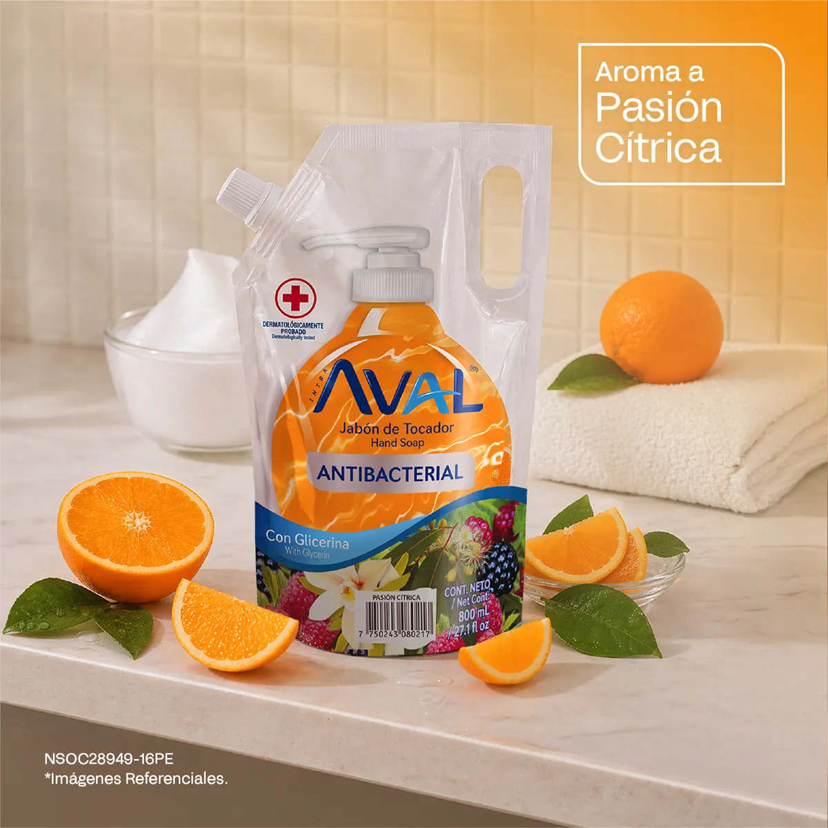 AVAL - Jabón Líquido Antibacterial Aval Pasión Cítrica Doypack 800 mL