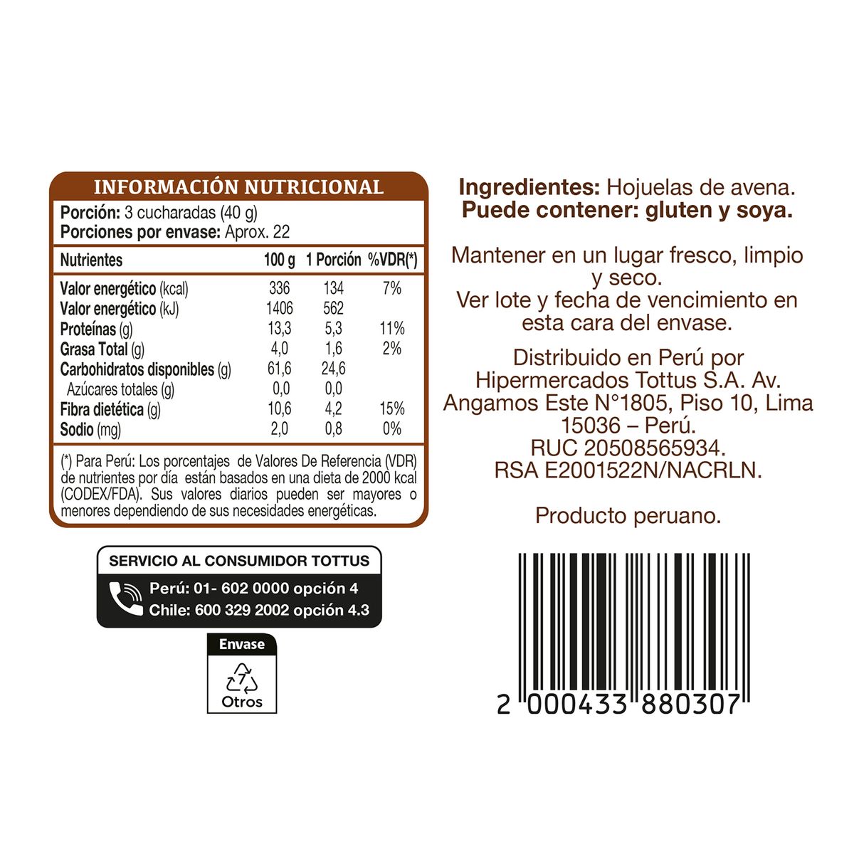 TOTTUS - Avena Tottus Bolsa 500 g