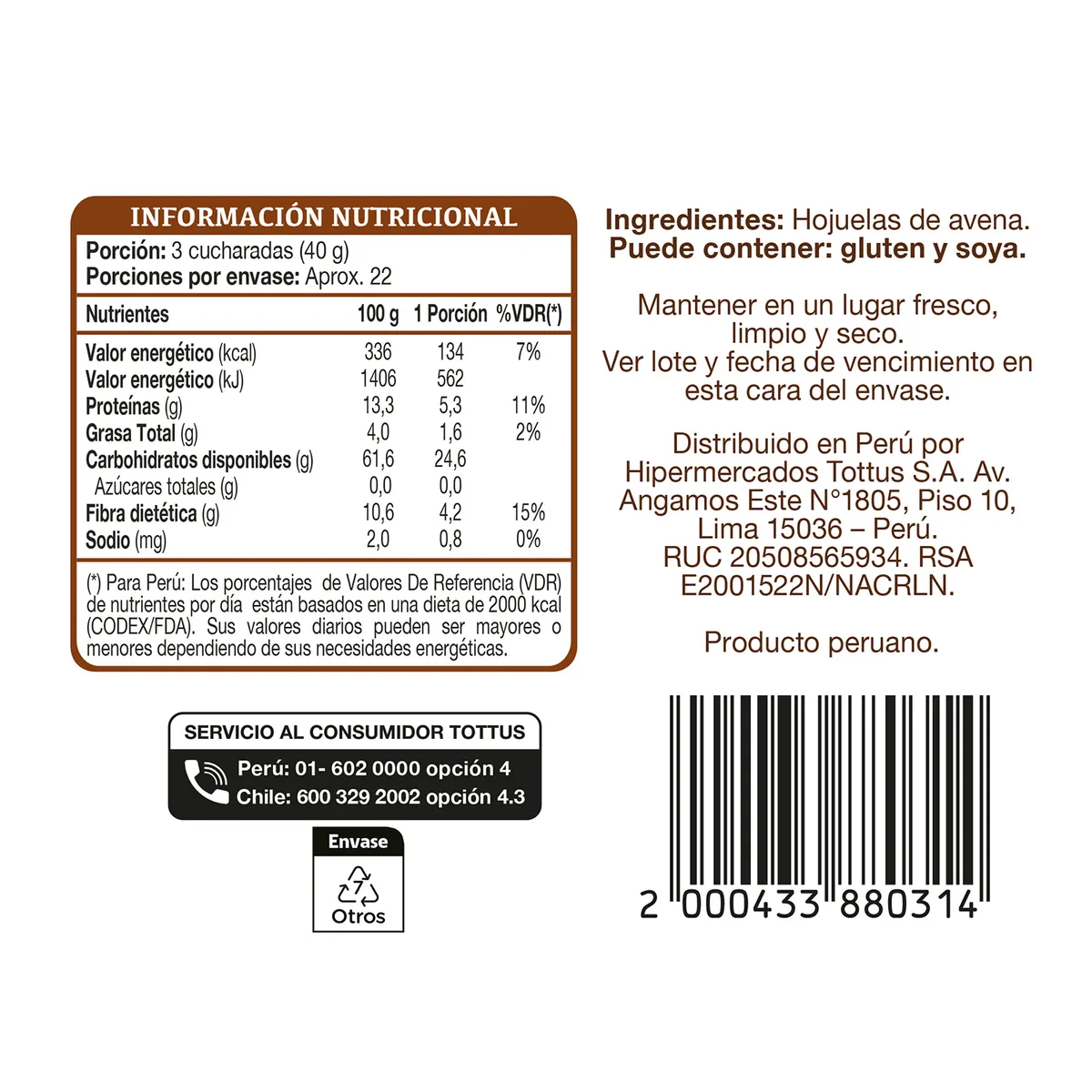 TOTTUS - Avena Tottus Bolsa 900 g