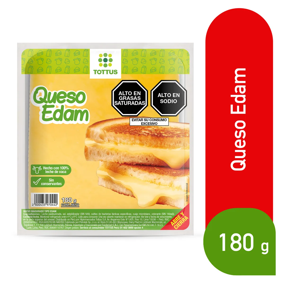TOTTUS - Queso Edam en Tajadas Tottus Empaque 180 g
